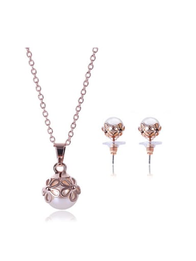 Alloy Rose Gold Plated Fashion Hollow Flowers Artificial Pearl Two Pieces Jewelry Set