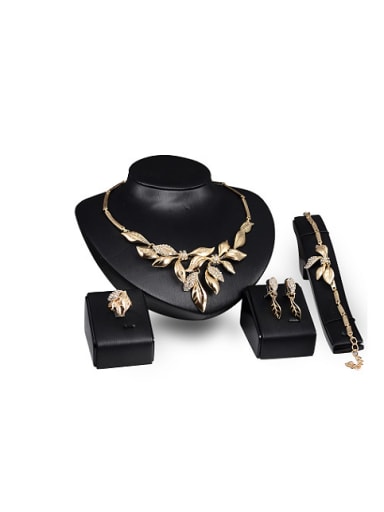 Alloy Imitation-gold Plated Fashion Leaves-shaped CZ Four Pieces Jewelry Set