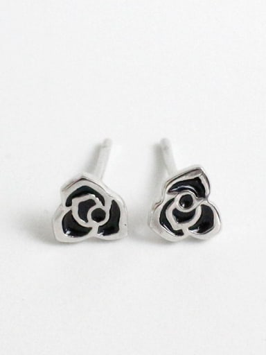 Tiny Black Flower Silver Women Stud Earrings