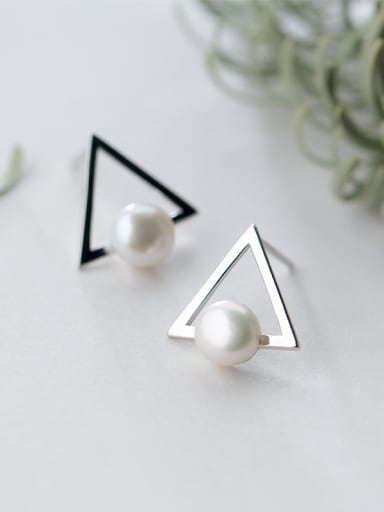 Elegant Triangle Shaped Artificial Pearl Silver Stud Earrings