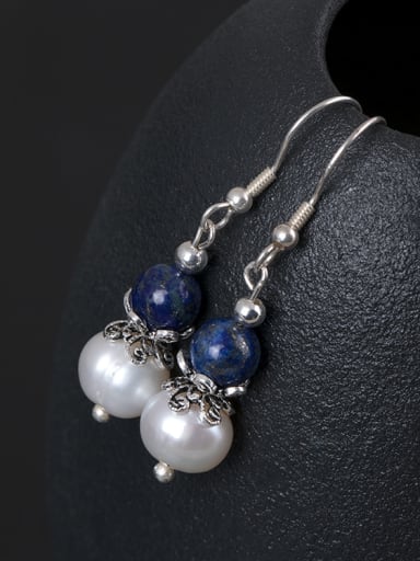 Retro style Freshwater Pearl Blue Stone Bead 925 Silver Earrings