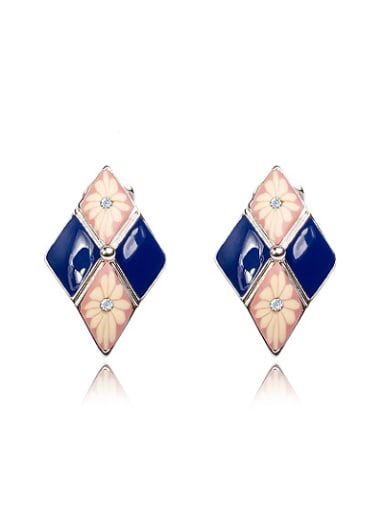 Blue Diamond Shaped Flower Pattern Enamel  Stud Earrings
