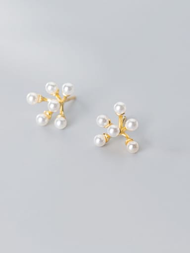 925 Sterling Silver With Artificial Pearl  Simplistic Geometric Stud Earrings