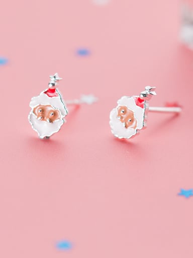 925 Sterling Silver With Platinum Plated Cute Santa Claus Stud Earrings