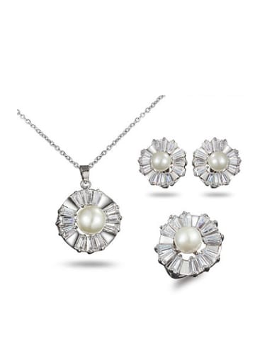 Noble Flower Shaped Artificial Pearl Three Pieces Jewelry Set