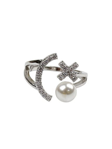 Fashion Artificial Pearl Tiny Zirconias Silver Opening Ring