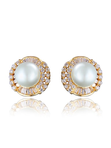 High Quality 18K Gold Plated Round Artificial Pearl Stud Earrings