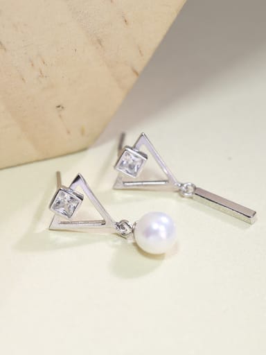 Simple Hollow Triangle Artificial Pearl 925 Silver Stud Earrings