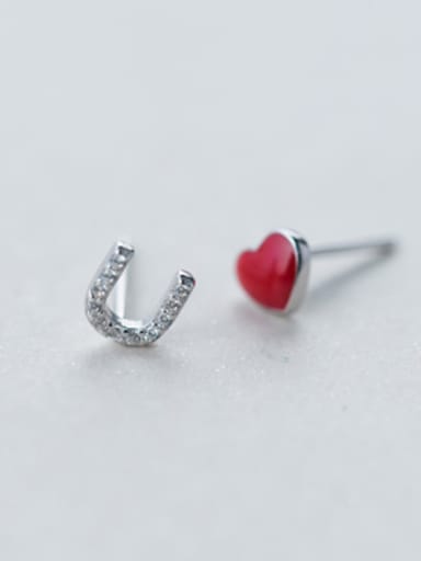Women Elegant Red Heart Shaped Asymmetric Glue Stud Earrings