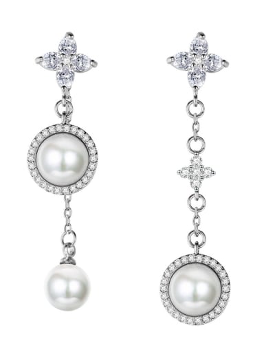 Micro-inlaid zircon  imitation pearl asymmetrical earrings