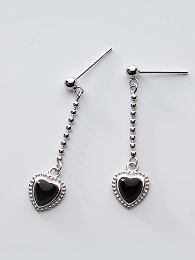 Trendy Black Heart Shaped Carnelian Silver Drop Earrings