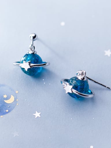 925 Sterling Silver With Platinum Plated Simplistic  Blue Planet Stud Earrings