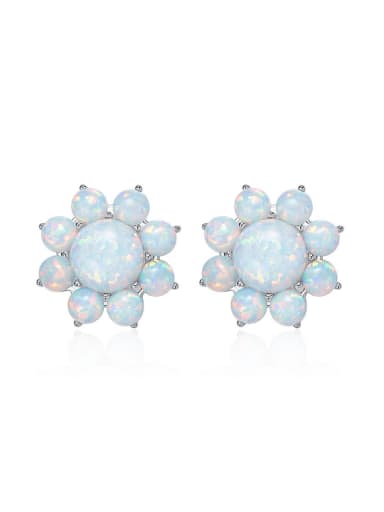 Fashion Little Opal stones Flowery 925 Silver Stud Earrings