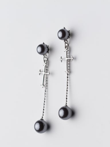 Exquisite Cross Shaped Black Artificial Pearl Silver Drop Earrings