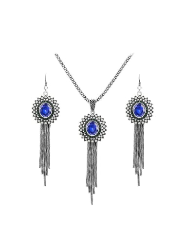 custom Vintage style Chain Tassels Blue Resin stones Two Pieces Jewelry Set