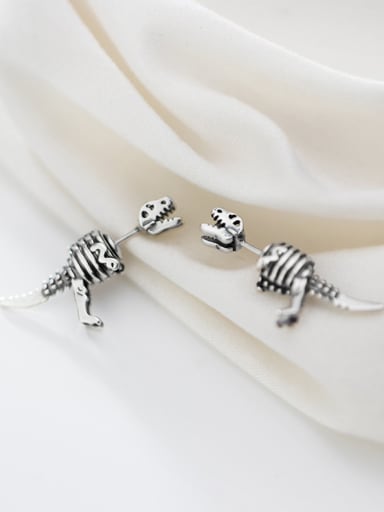 925 Sterling Silver With Antique Silver Plated Vintage Skull Stud Earrings