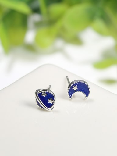 Asymmetrical Tiny Blue Planet Moon 925 Silver Stud Earrings