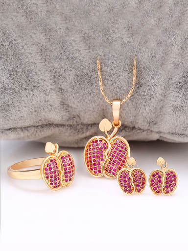custom Copper Alloy 18K Gold Plated Fashion Creative Apple Zircon Three Pieces Jewelry Set