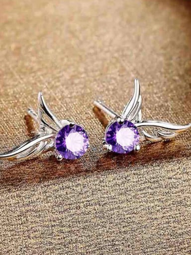 Fashion Tiny Cubic Purple Zircon Angel Wings Stud Earrings