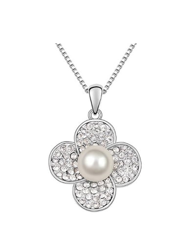 Simple Tiny White Crystals-covered Flower Imitation Pearl Alloy Necklace