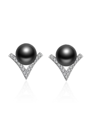 Simple Imitation Pearl Shiny Zirconias V-shaped Stud Earrings