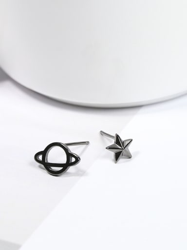 Asymmetrical Tiny Black Planet Star 925 Silver Stud Earrings