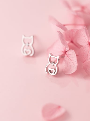 925 Sterling Silver With Silver Plated Hollow Cute Cat Stud Earrings