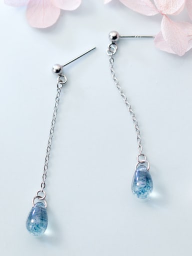 Pure silver synthetic blue glazed sweet drop long earrings