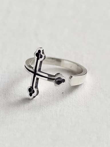 Personalized Black Cross Silver Opening Ring