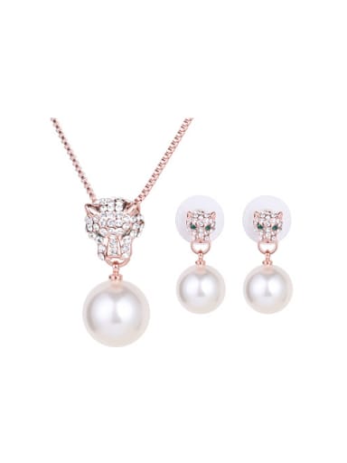Alloy Rose Gold Plated Leopard Head Artificial Pearl and Rhinestones Two Pieces Jewelry Set