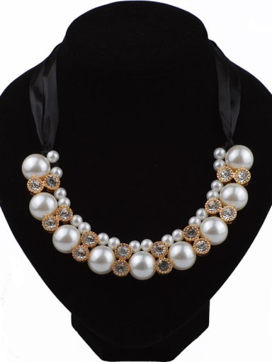 Fashion White Imitation Pearls Rhinestones Black Ribbon Necklace