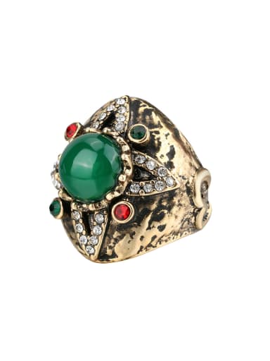 Retro Antique Gold Plated Green Resin stone White Crystals Ring