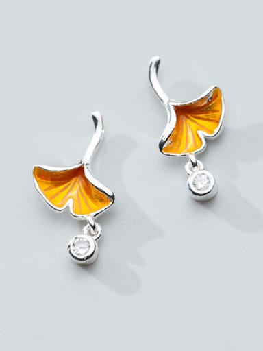 Pure silver zircon golden yellow "memory of autumn" Ginkgo Leaf Earrings