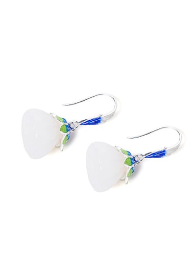 Ethnic style White Jade Lotus Seedpod 925 Silver Earrings