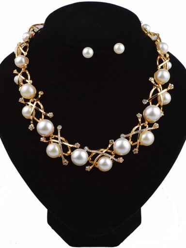 custom Fashion Imitation Pearls Rhinestones Gold Plated Two Pieces Jewelry Set