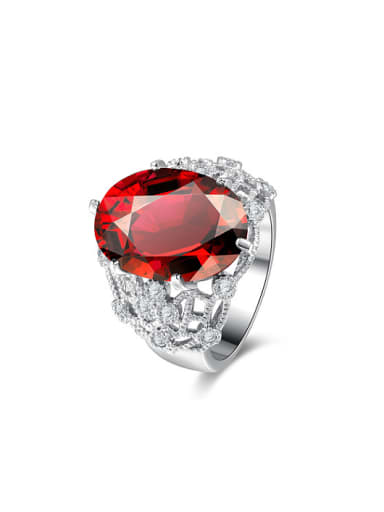 Red Oval Shaped Zircon Platinum Plated Ring