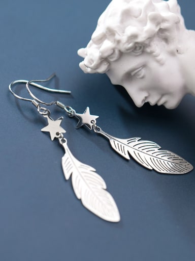 925 Sterling Silver With Platinum Plated Simplistic Feather Hook Earrings