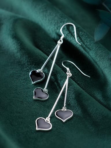 925 Sterling Silver With Silver Plated Simplistic Black Heart Hook Earrings
