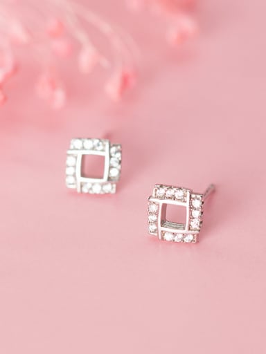 925 Sterling Silver With Platinum Plated Simplistic Hollow Square Stud Earrings