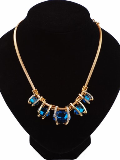 Fashion Gold Plated Blue Stones White Rhinestones Pendant Alloy Necklace