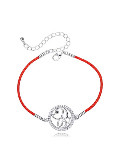 Simple Hollow Round Little Dog 925 Silver Red Rope Bracelet