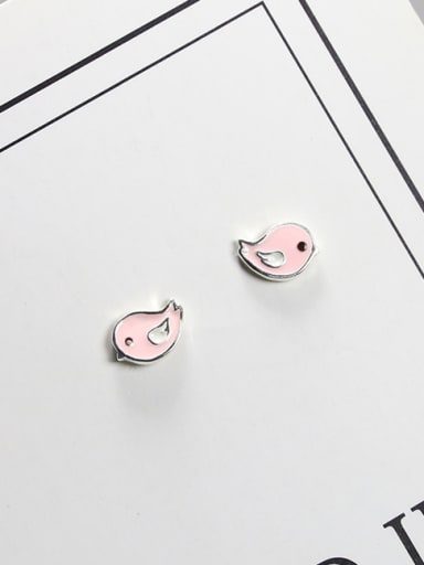 Tiny Pink Bird Enamel 925 Silver Stud Earrings