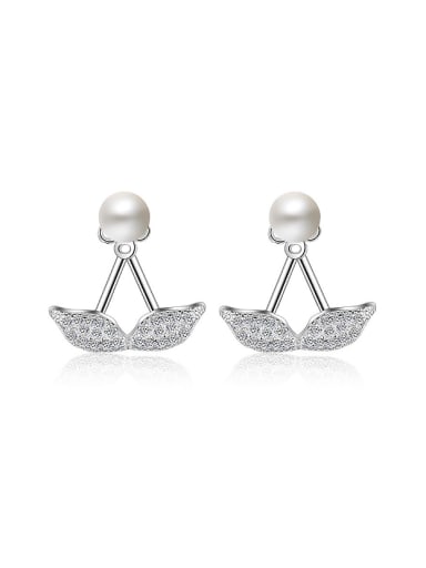 Fashion Little Zirconias Leaves Imitation Pearl Stud Earrings