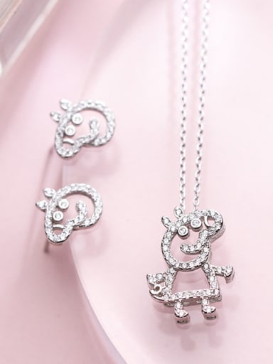 S925 Silver Pig Peggy Diamonds Necklace Earrings Two Piece