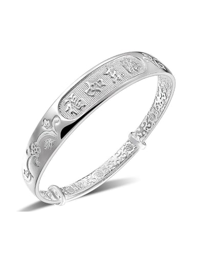 Ethnic style 990 Silver Chinese Characters-etched Adjustable Bangle