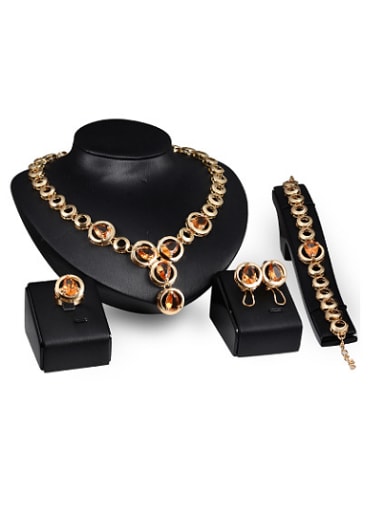 custom Alloy Imitation-gold Plated Fashion Artificial Stones Hollow Round-shaped Four Pieces Jewelry Set