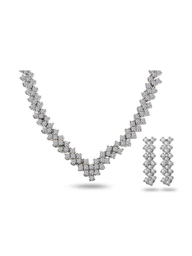 All-match Platinum Plated Letter V Shaped Zircon Two Pieces Jewelry Set