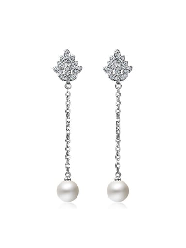 Fashion Shiny Zirconias Leaf Imitation Pearl Drop Earrings