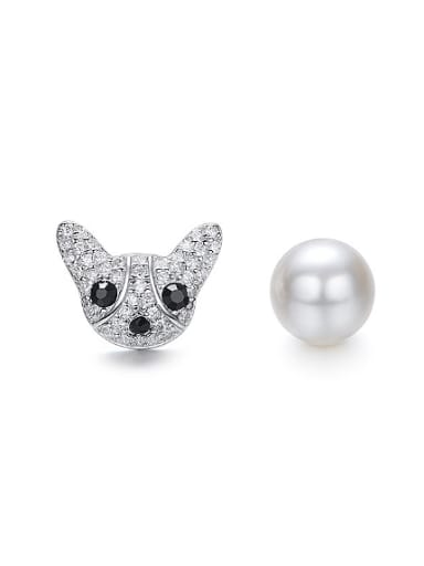 Fashion Asymmetrical Little Dog Zirconias Artificial Pearl 925 Silver Stud Earrings