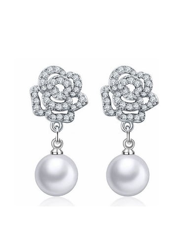 Fashion Shiny Zirconias Rosary Flower Imitation Pearl Stud Earrings